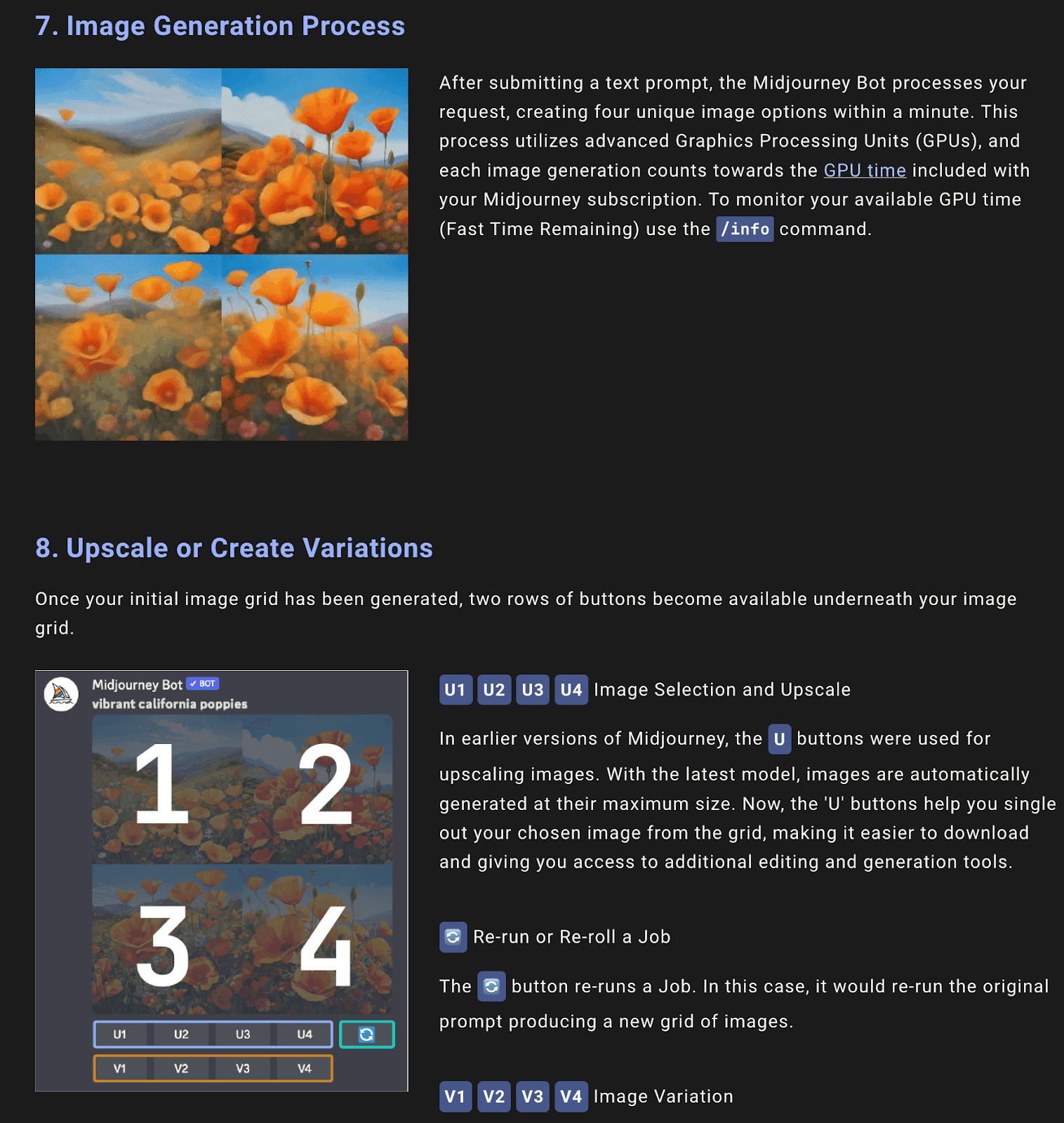 Midjourney process explanation of steps 7 and 8 - Image generation process, upscale or create variations