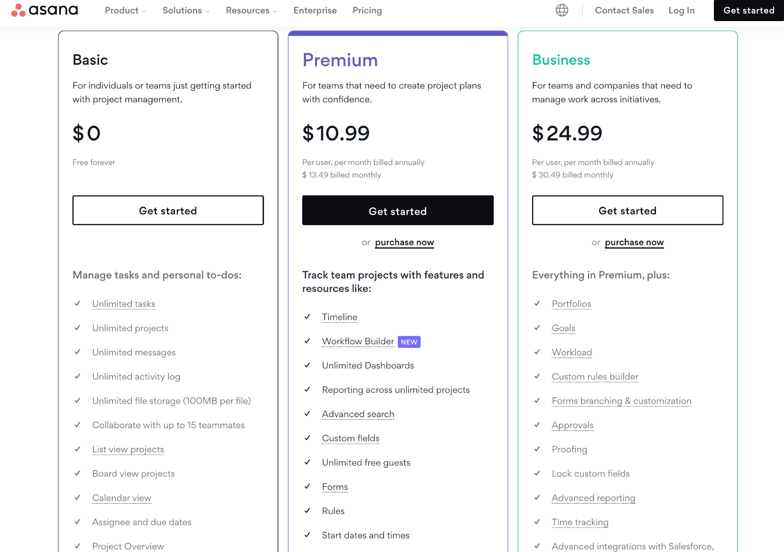 Asana pricing - basic($0), premium($10.99), business($24.99)