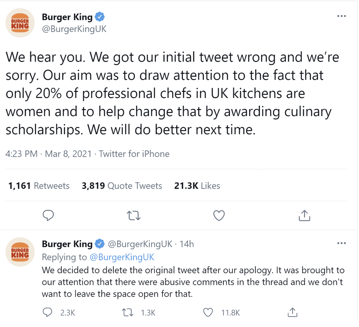 Burger King Twitter apology for "women belong in the kitchen" ad