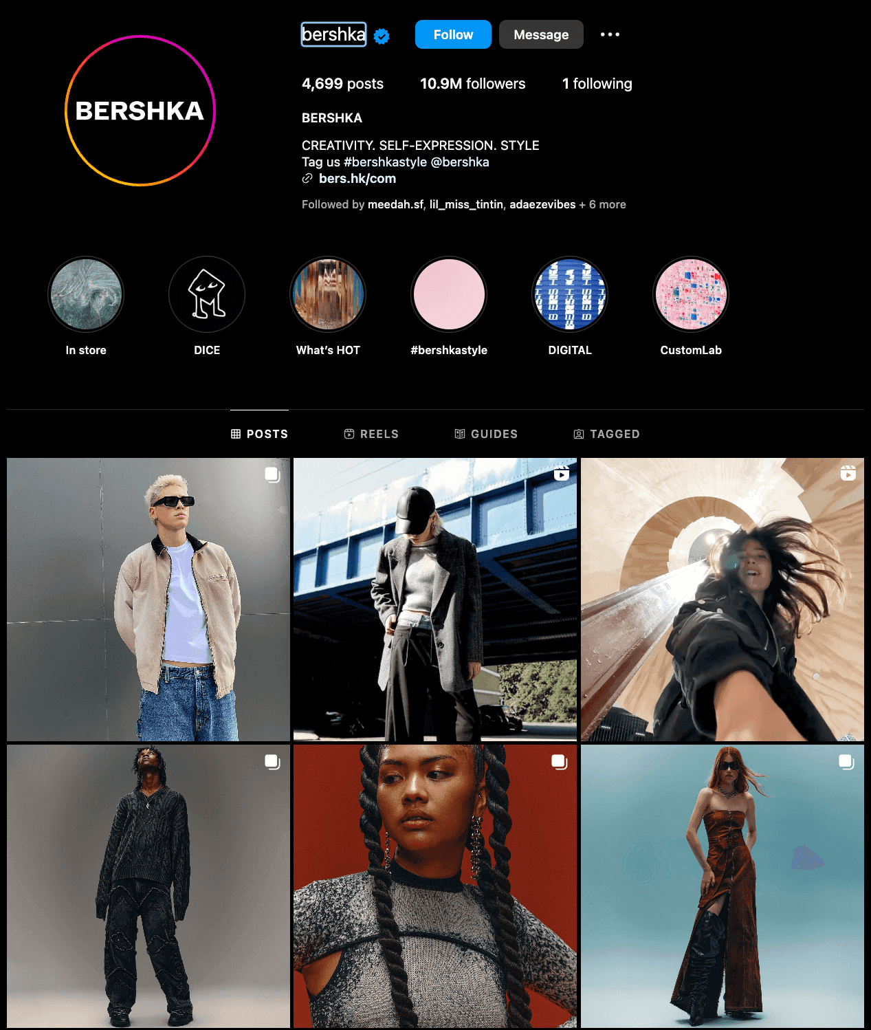 Bershka Instagram account with videos and pictures posted