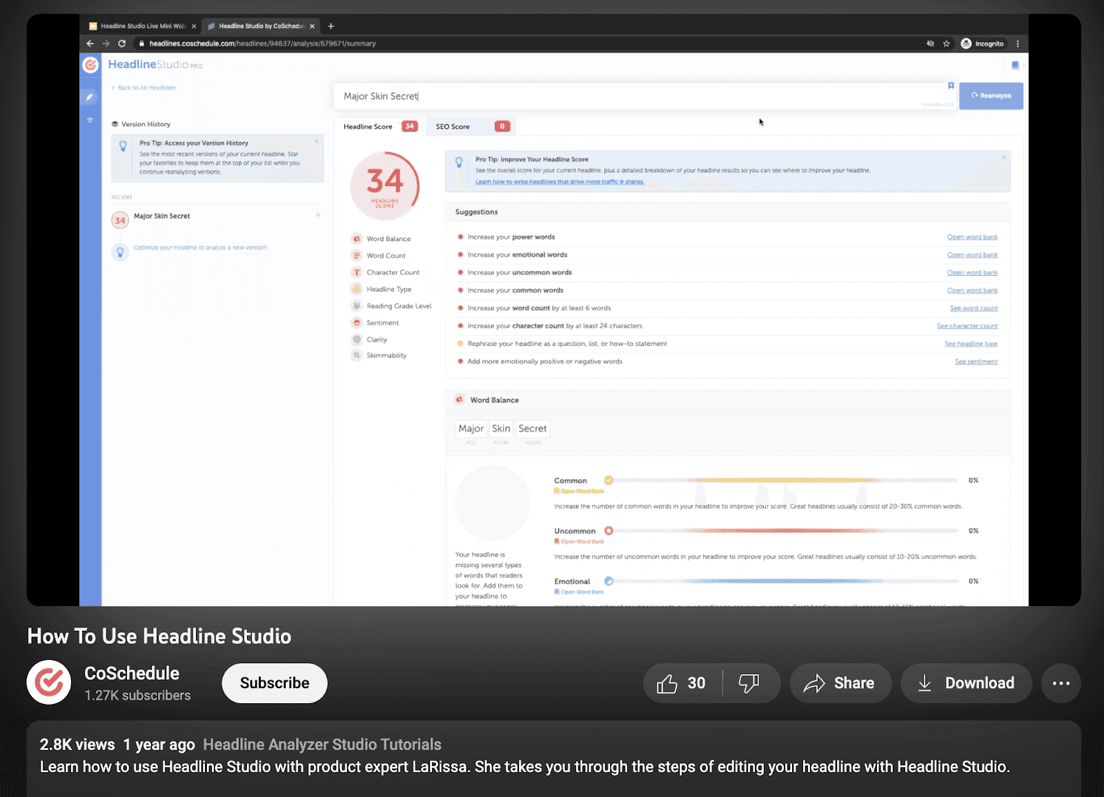YouTube video by CoSchedule titled "How To Use Headline Studio"