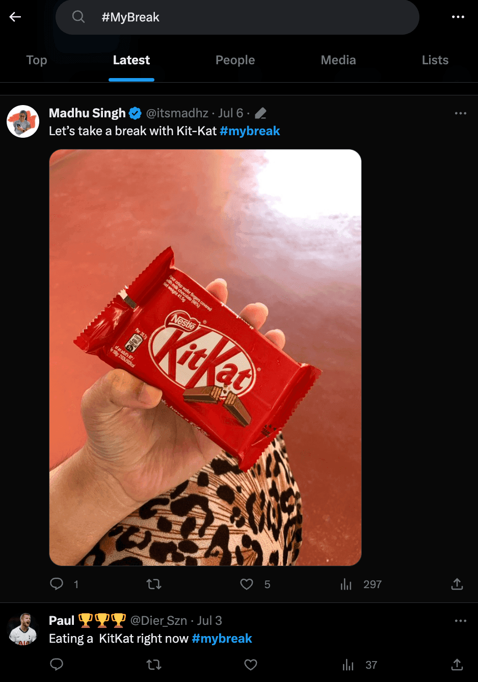 Screenshot of KitKat hashtag "#MyBreak" on X with posts