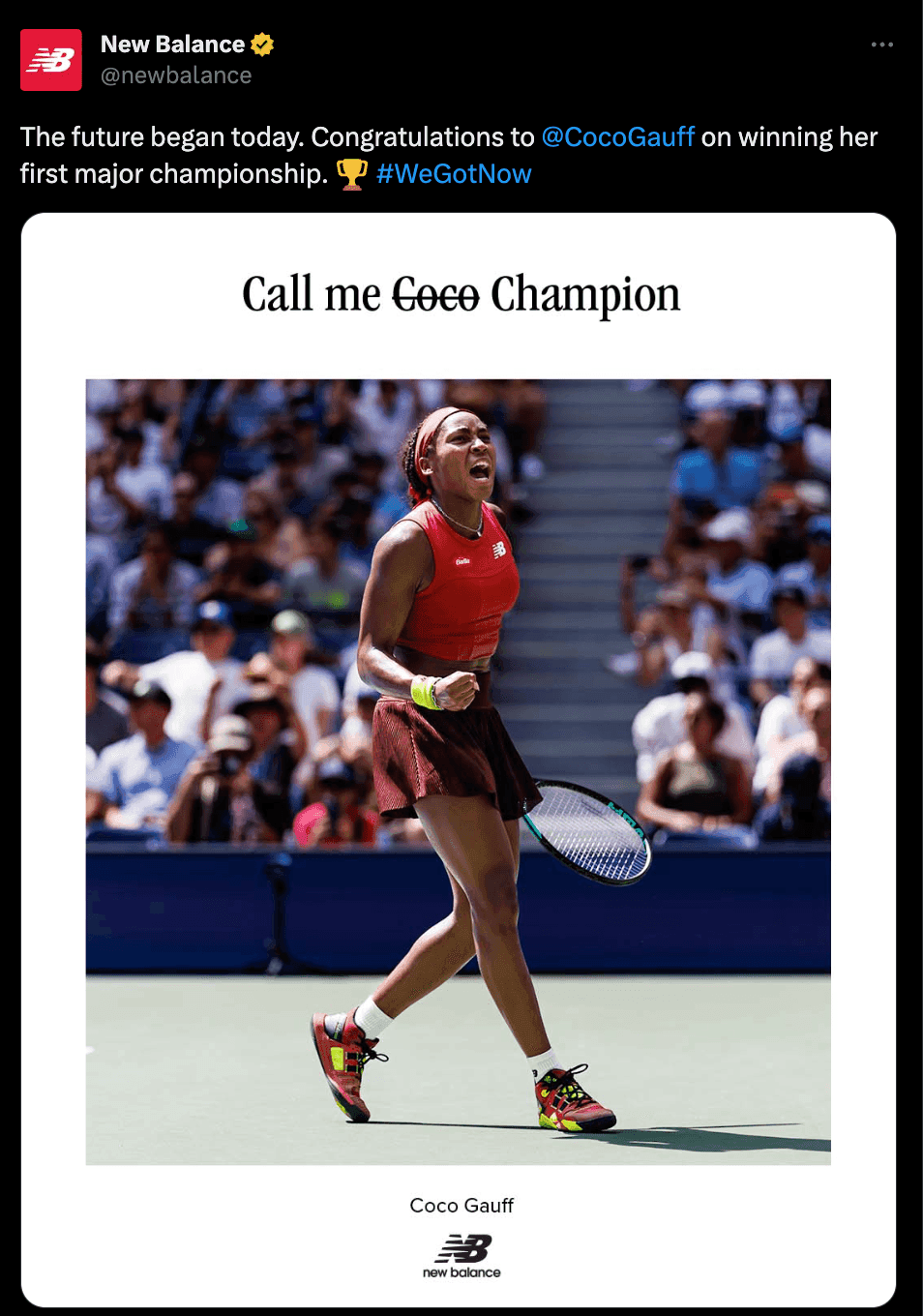 New Balance tweet congratulating Coco Gauff winning her first championship