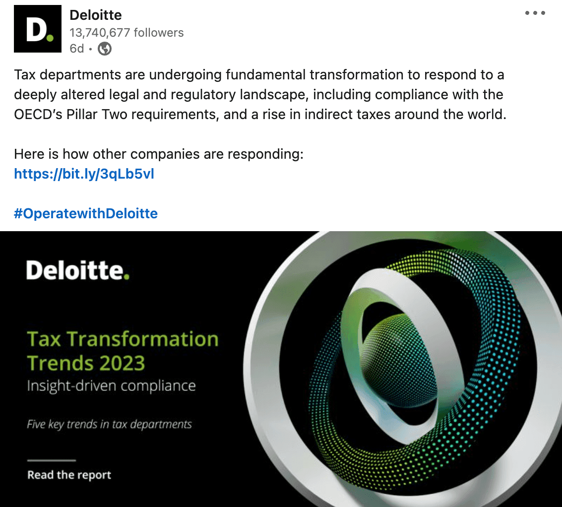Deloitte LinkedIn post about tax transformation with a call to action at the end