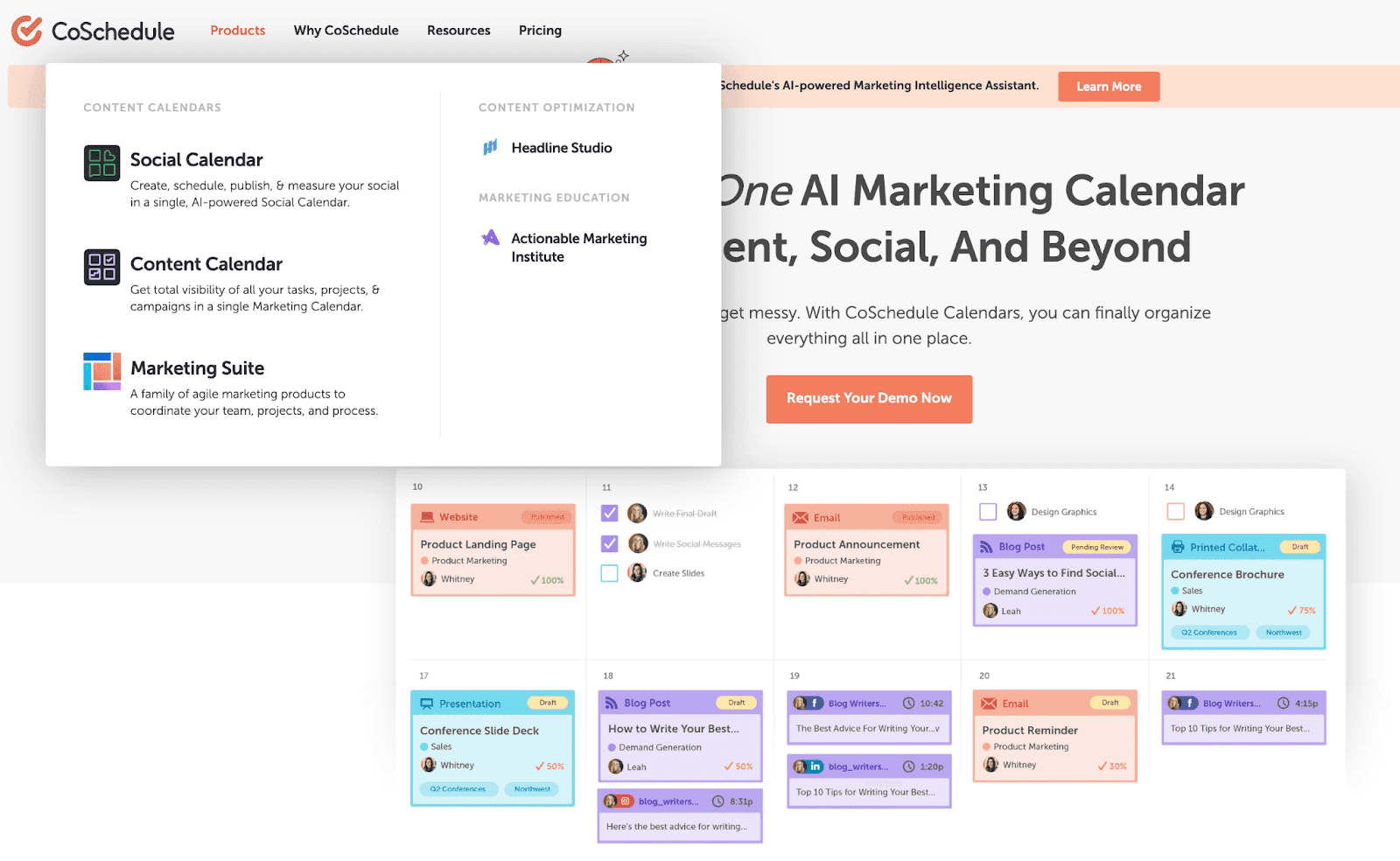 CoSchedule website - Product page dropdown displaying Social Calendar, Content Calendar, Marking Suite, Headline Studio, and Actionable Marketing Institute