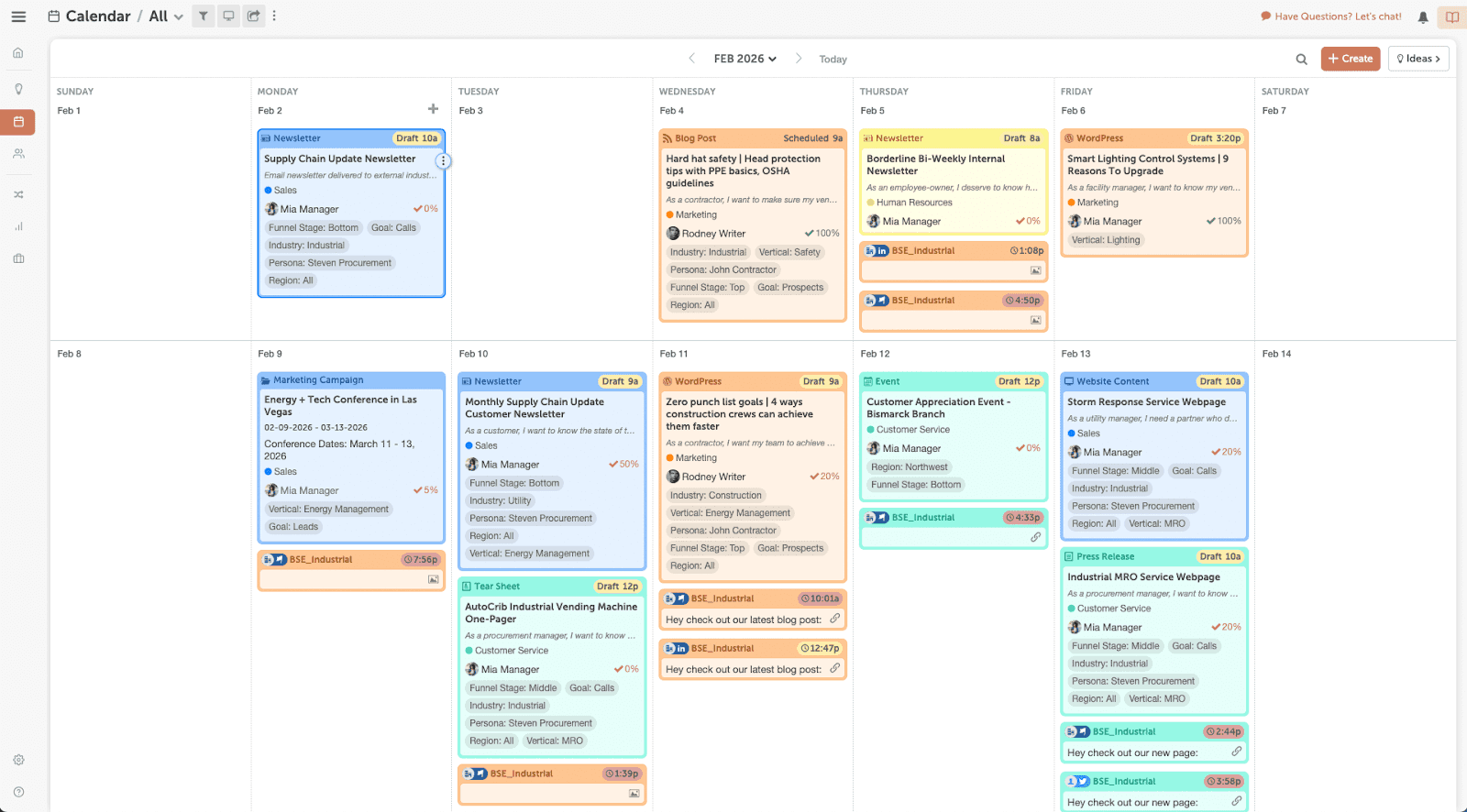 CoSchedule's marketing suite calendar displaying color-coded tasks to do for each day