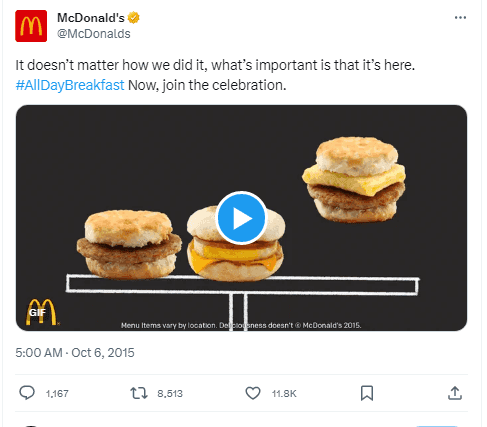 McDonalds tweet about #AllDayBreakfast launch in October of 2015