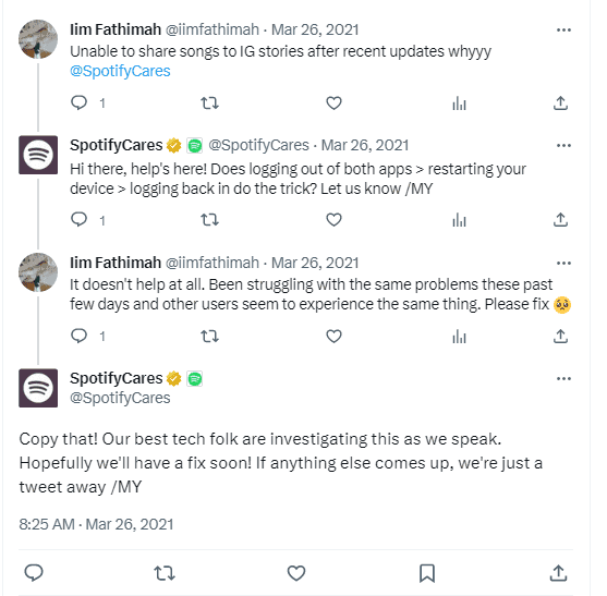 X thread between Spotify customer support team and customer