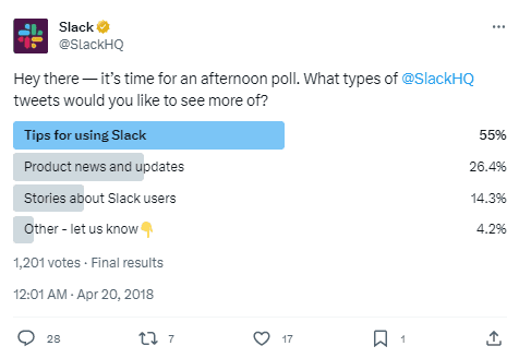 Slack Twitter survey asking what types of tweets the audience would like to see more of