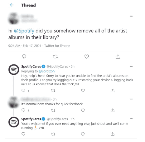 Twitter conversation thread between customer and SpotifyCares