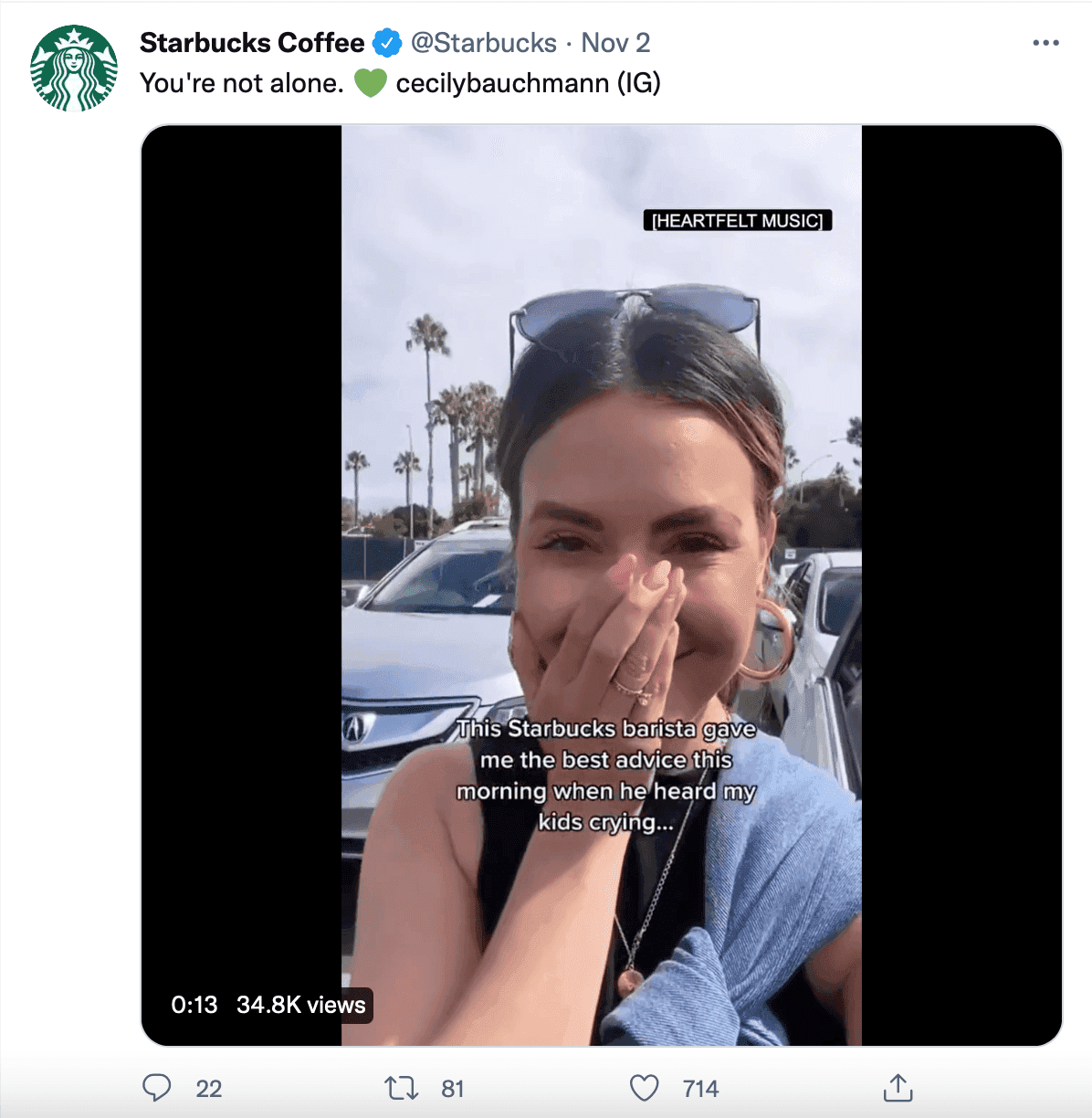 Starbucks tweet sharing a story of a barista giving a customer advice