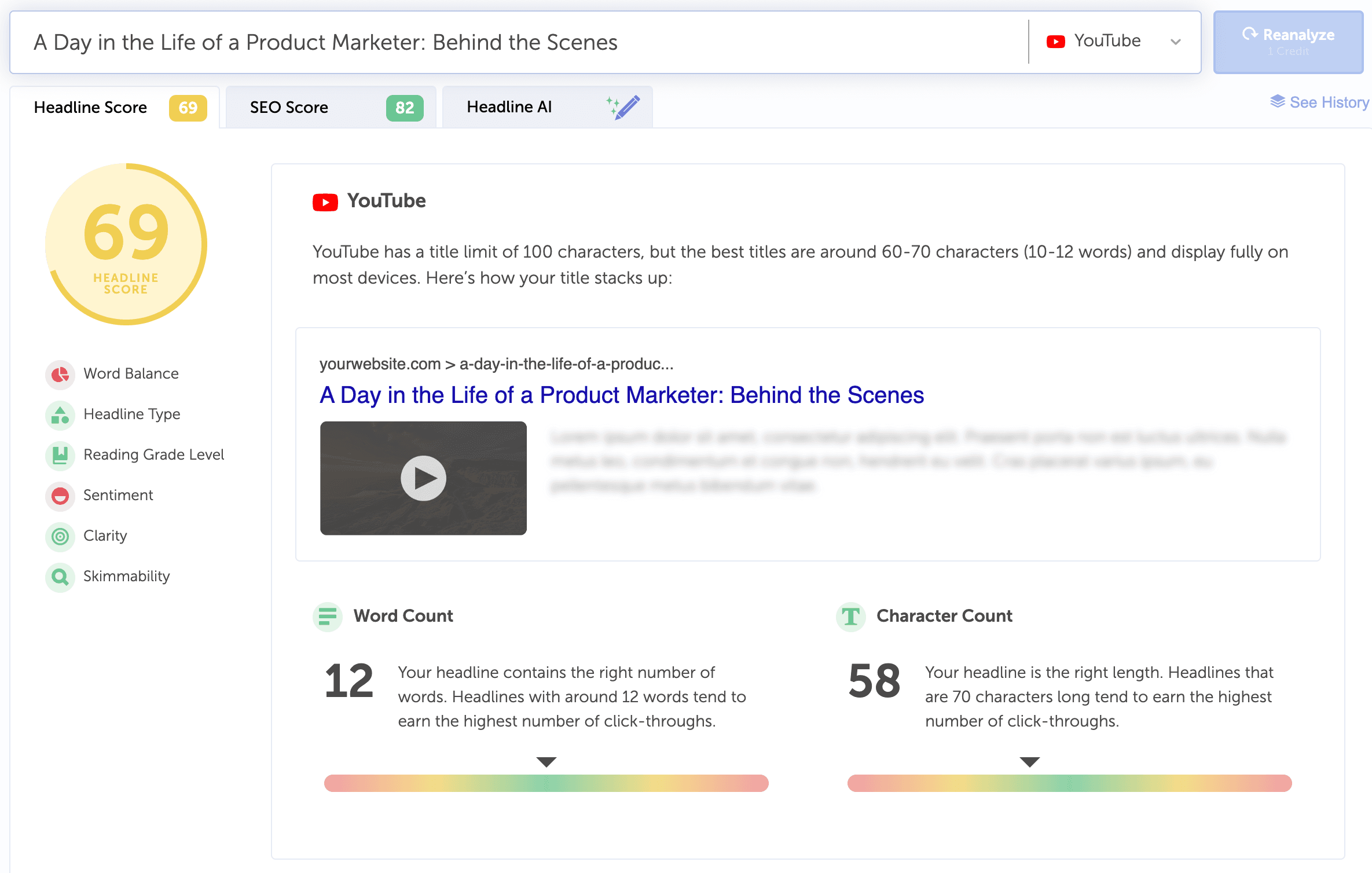Image of Headline Studio analyzer feature for YouTube titles. Highlighting SEO best practices and improvements for the title. 