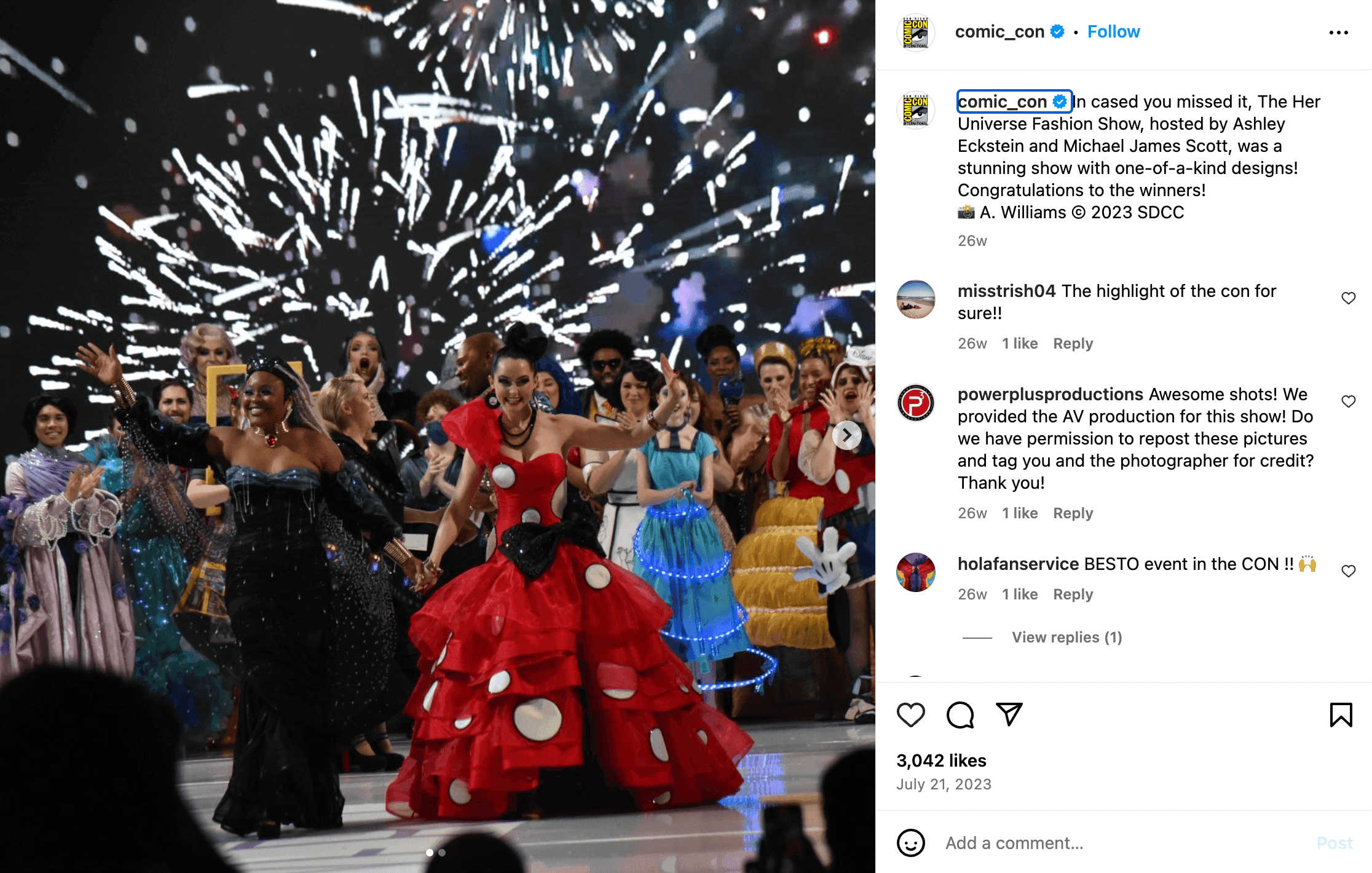 Comic-Con 2023 Her Universe Fashion Show Instagram post