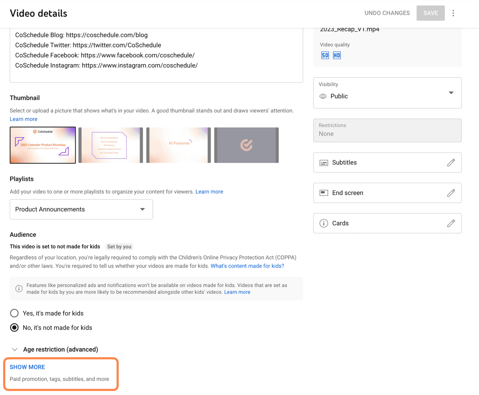 Adding a tag - Video details section with "Show More" highlighted
