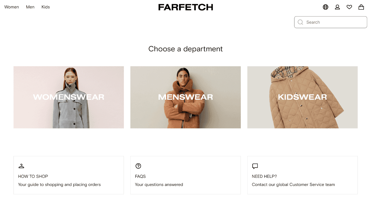 Farfetch website department selection