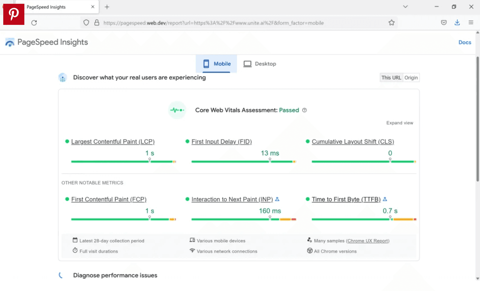 PageSpeed Insights mobile website analysis of performance