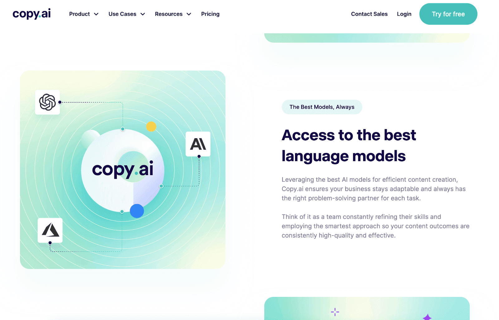 Copy.ai website landing page - Access to the best language models