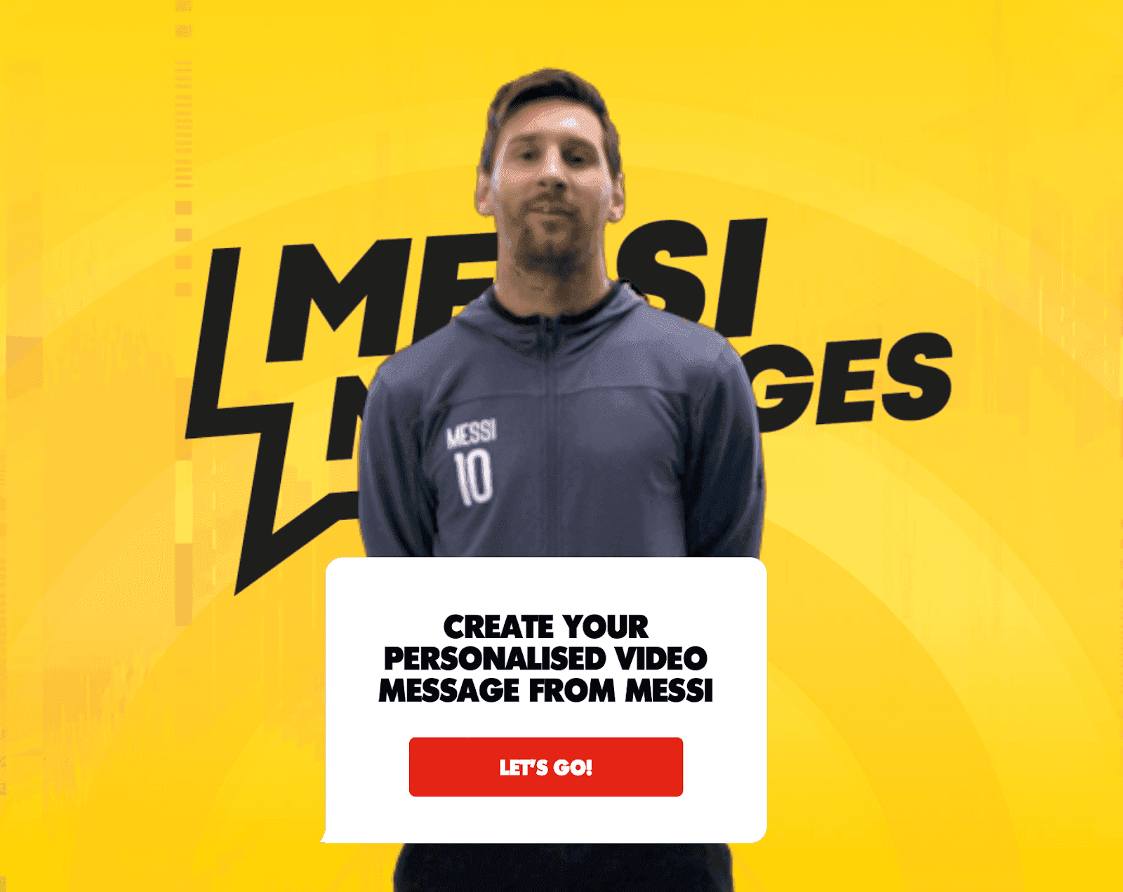 "Create your personalized video message from Messi" prompt with Messi in background with yellow backdrop