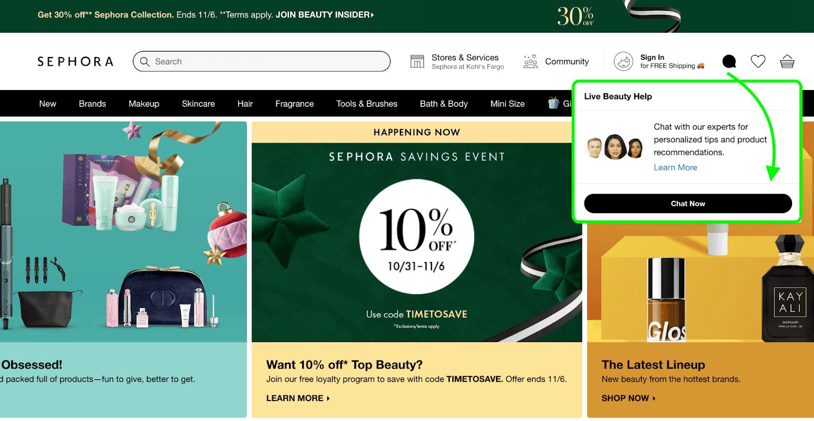Sephora website with chatbot prompt at the top right corner