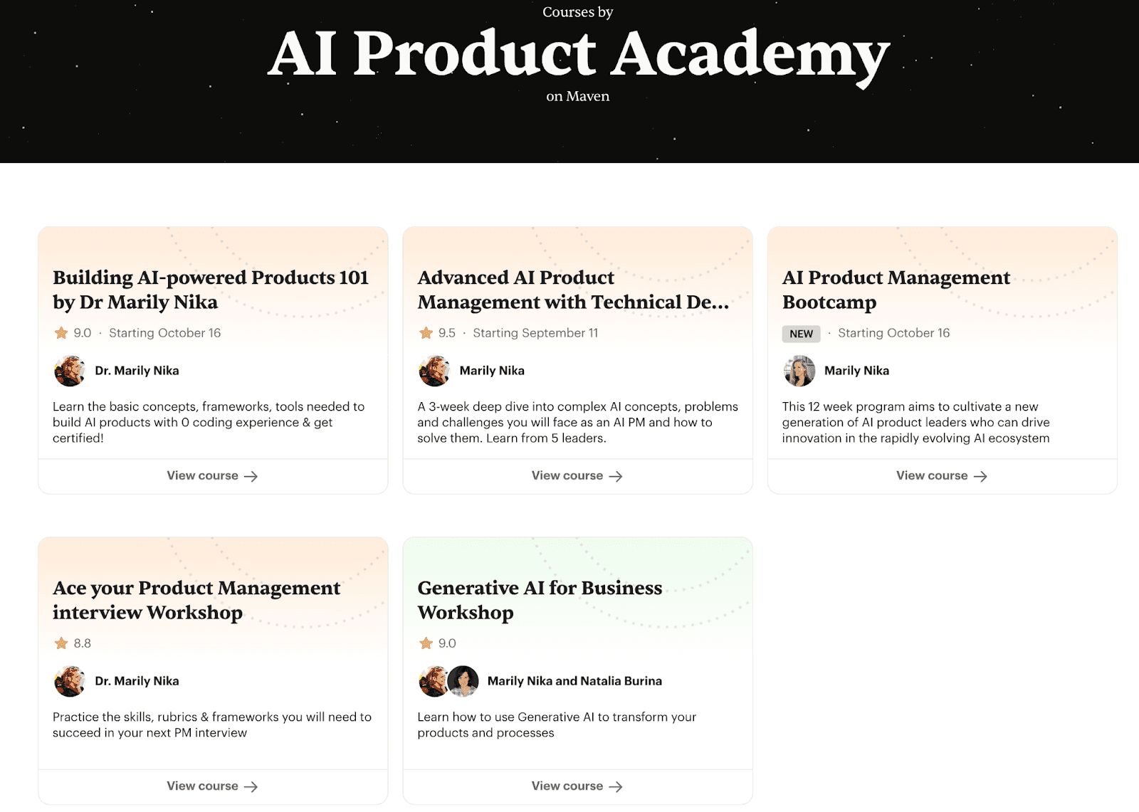 Maven AI product academy with workshops listed