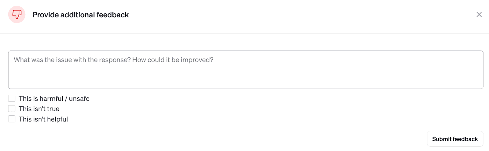 ChatGPT prompt asking to provide feedback for any issues with given response from AI