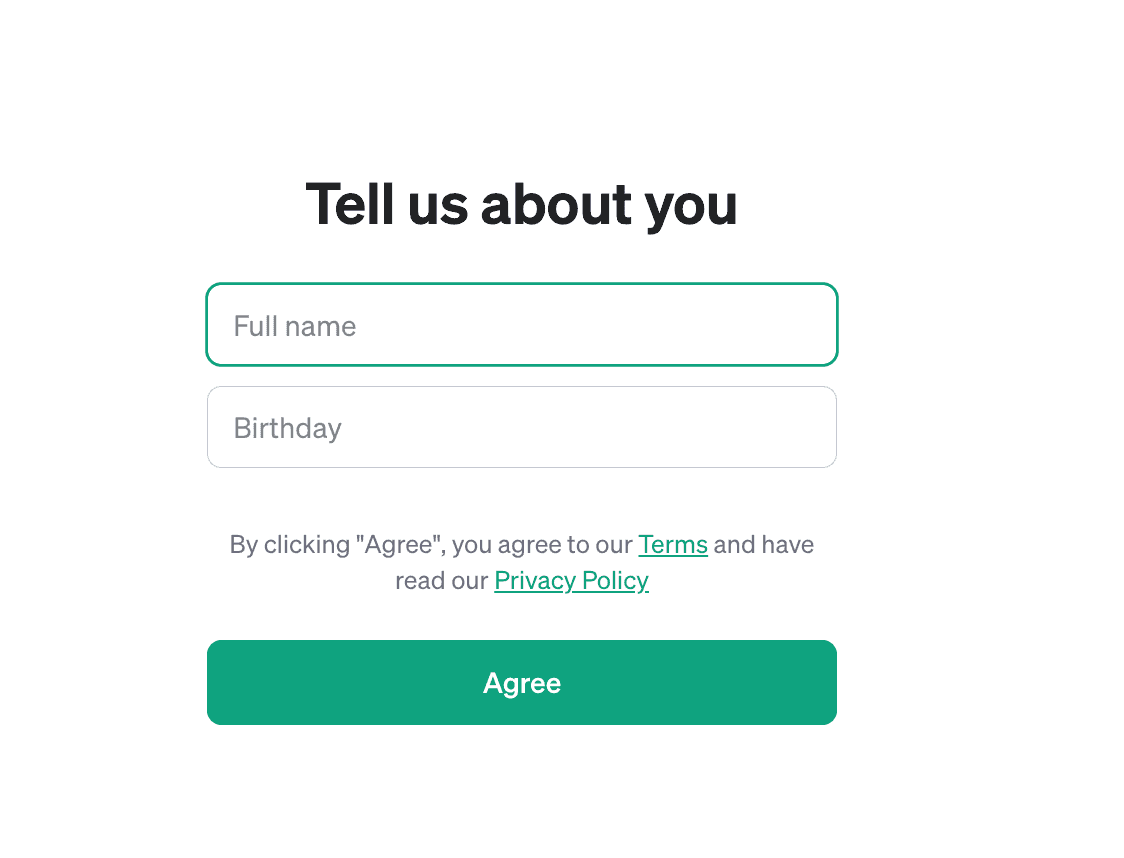 ChatGPT "Tell us about you" signup with full name and birthday
