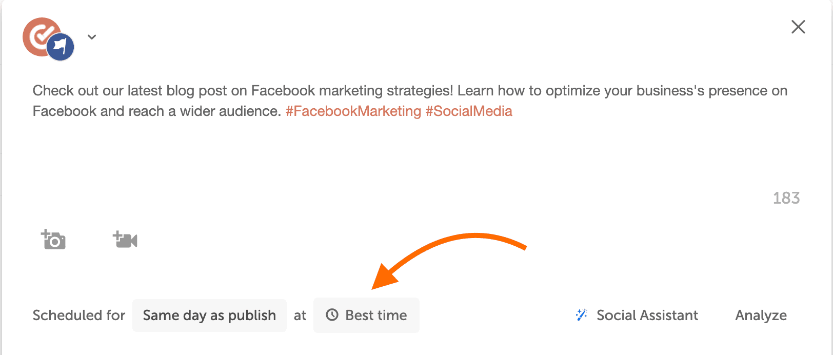 Red arrow pointing to "Best time" for post scheduling in CoSchedule Social Calendar