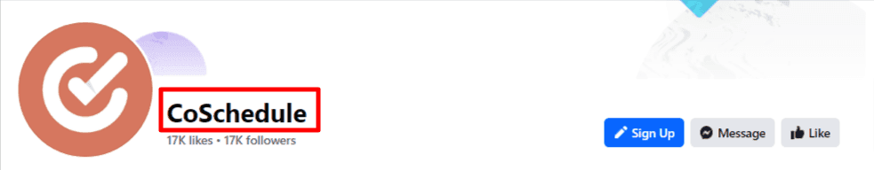 CoSchedule Facebook account with red box highlighting the page name