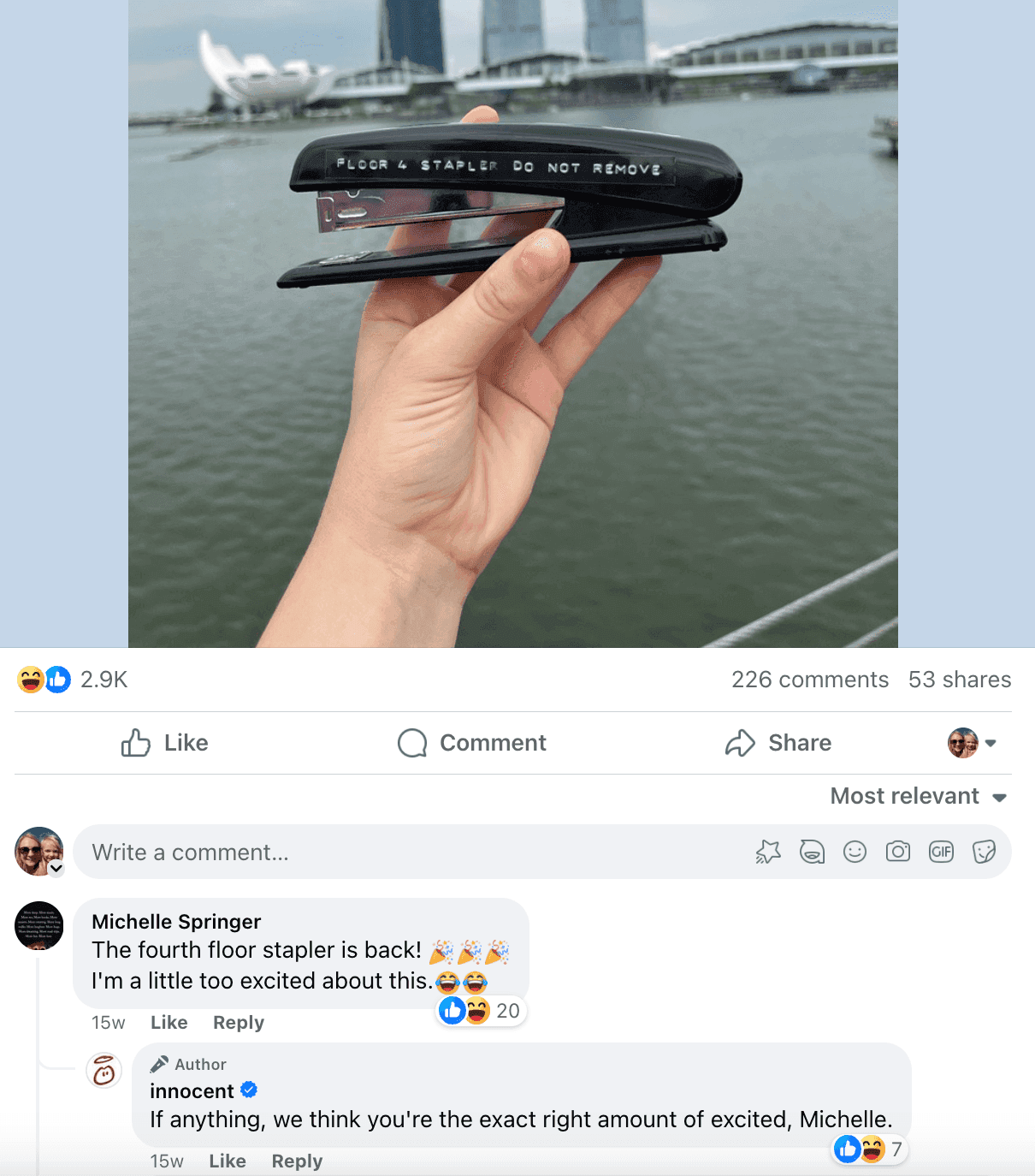 Innocent Drink Facebook post of stapler with excited reply in comments