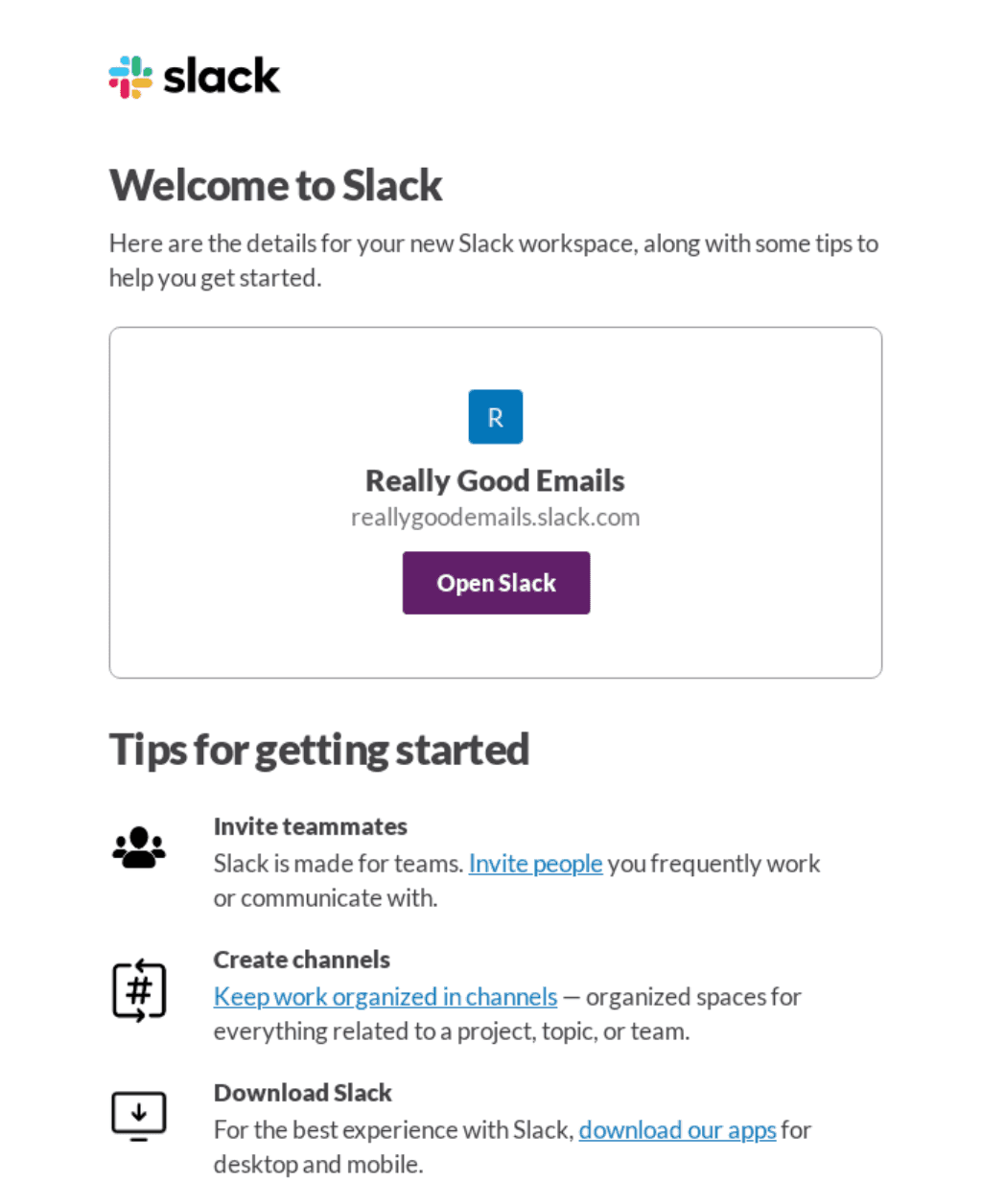 Transactional "Welcome to Slack" email