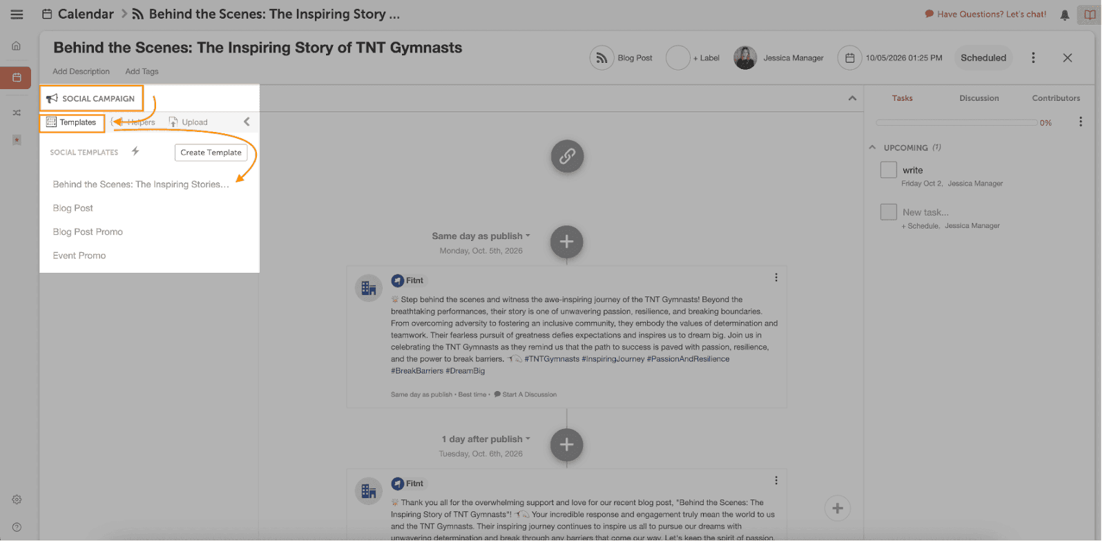 CoSchedule's Social Calendar with arrows pointing to "social campaign" and "templates"