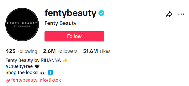 Fenty Beauty TikTok with "Shop the looks" CTA in bio