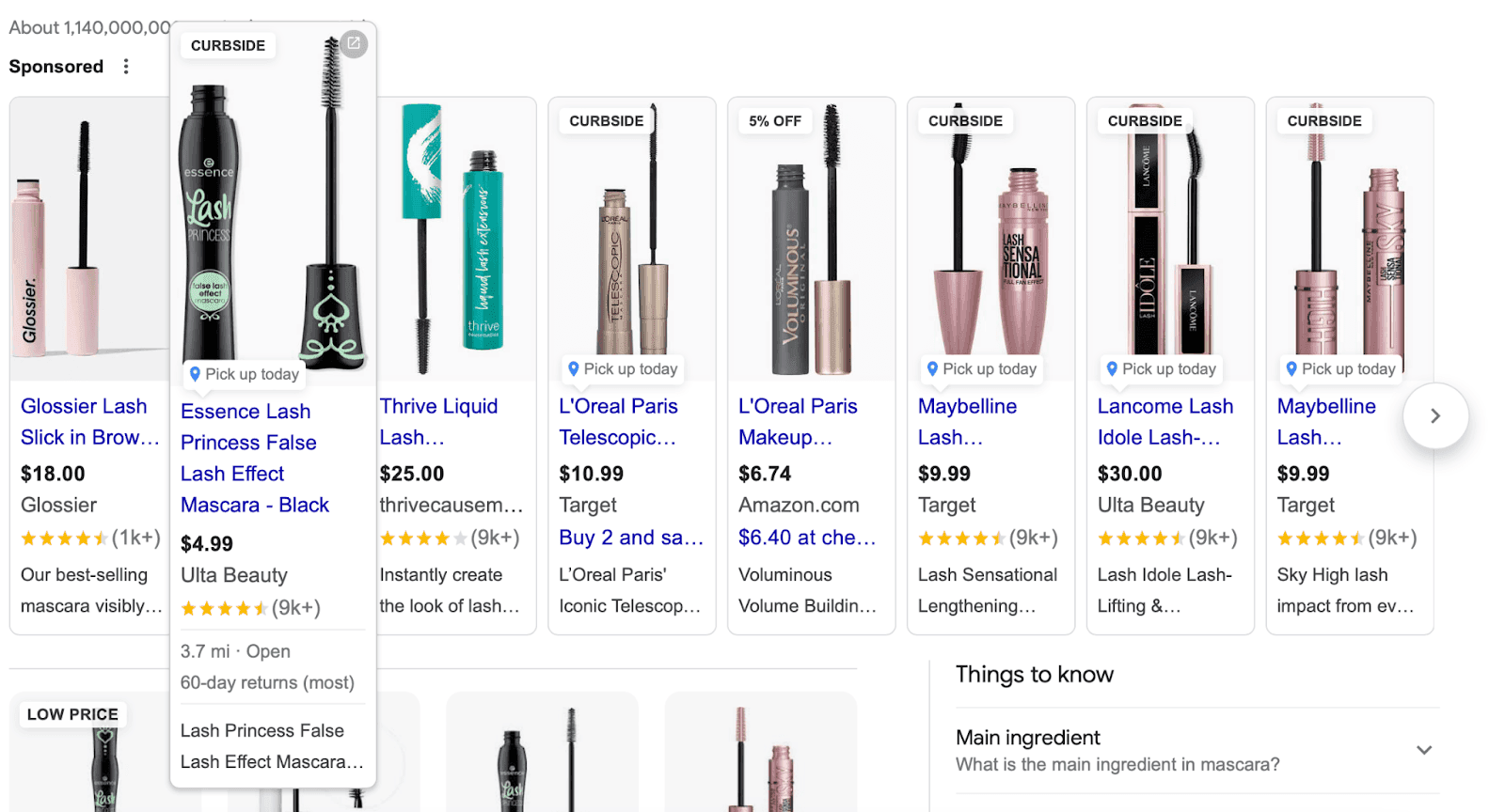 "mascara" Google search with paid display ads at the top