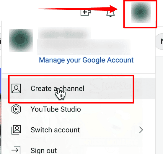 "Create a channel" highlighted with red arrow pointing at profile image