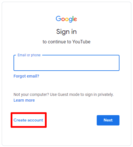 Google sign in with red box highlighting "Create account"