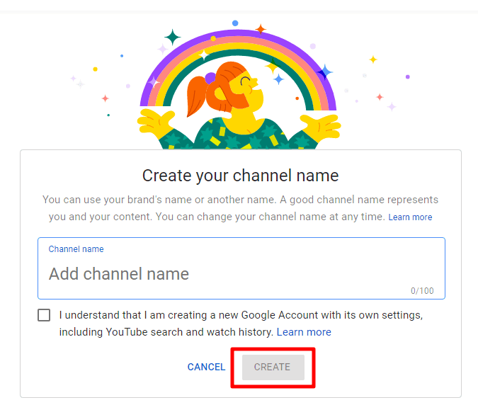 Create your channel name with red box highlighting "CREATE" button