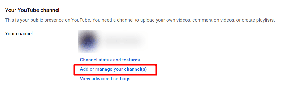 "Add or manage your channel(s)" highlighted with red box