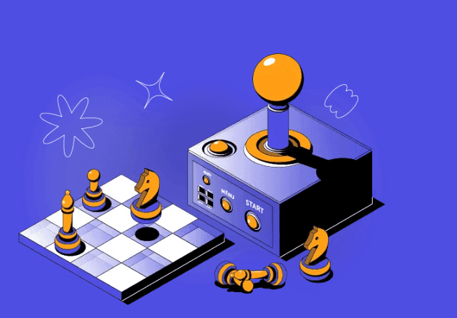 AI Advertising Strategy chess board and joystick illustration