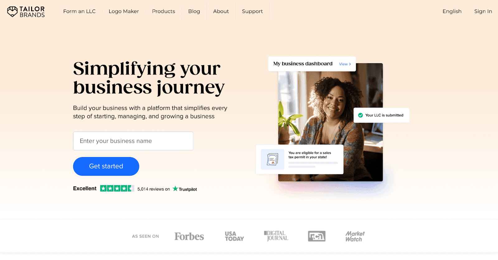 Tailor Brands website - Simplifying your business journey