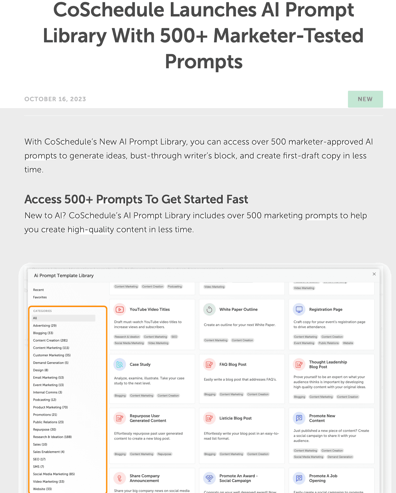 CoSchedule launches AI prompt library with 500+ marketer-tested prompts