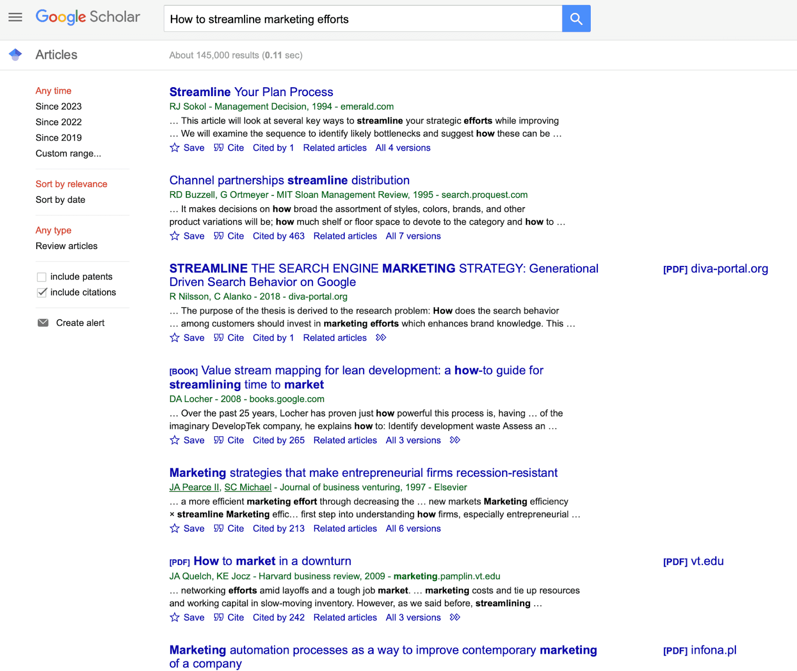 Google Scholar "How to streamline marketing efforts" search