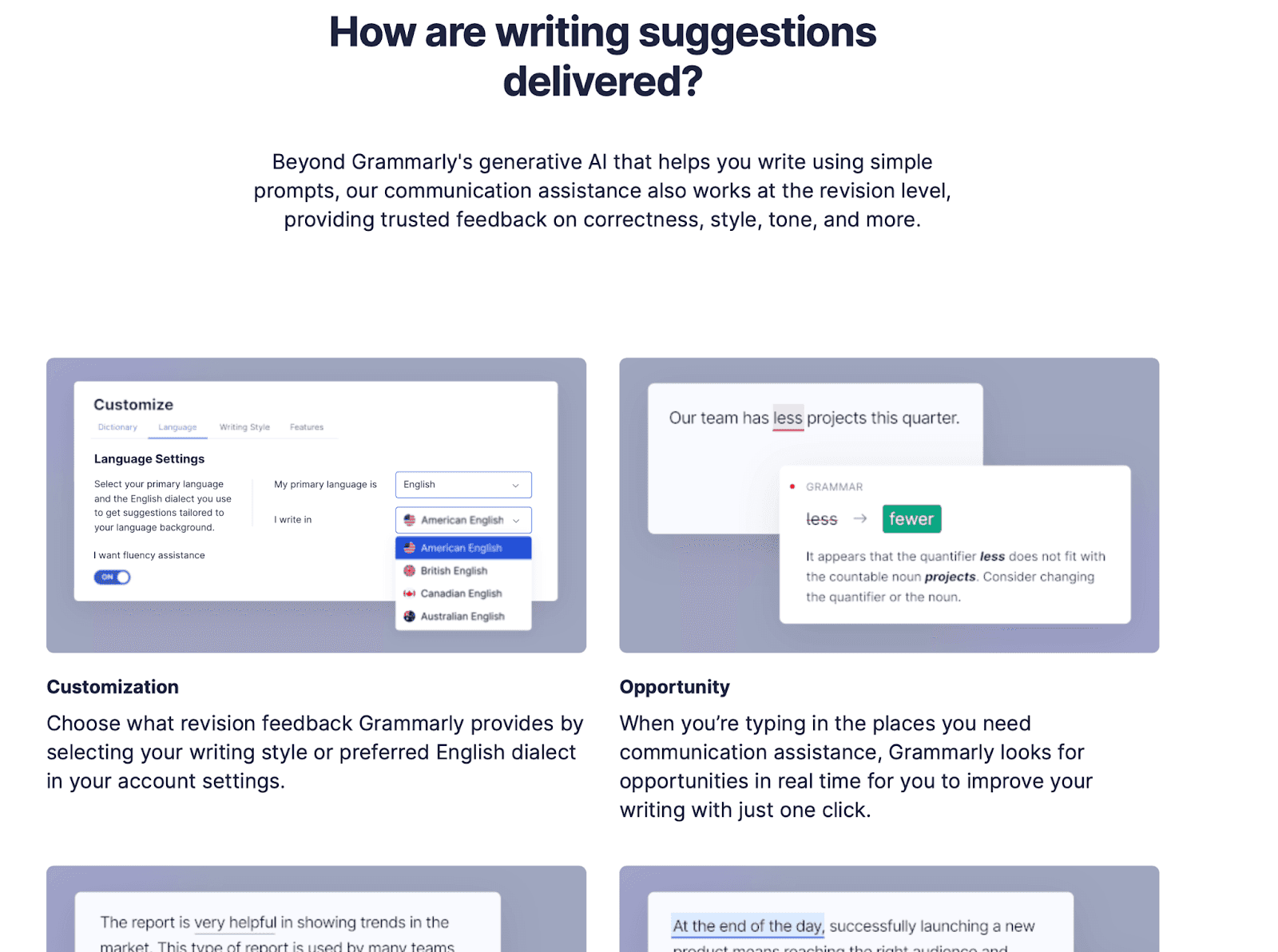 Grammarly website - How are writing suggestions delivered? Grammarly's generative AI helps writing using simple prompts