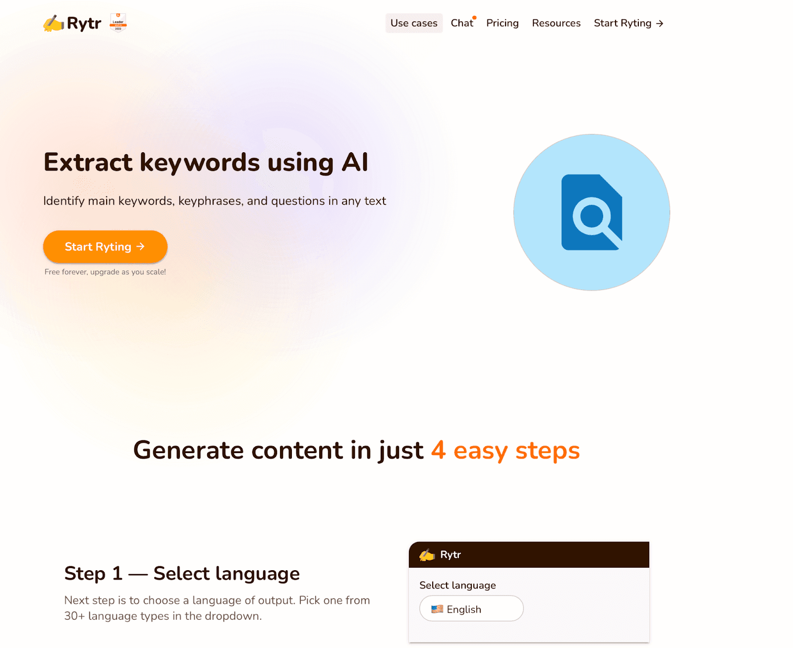 Rytr website - Extract keywords using AI