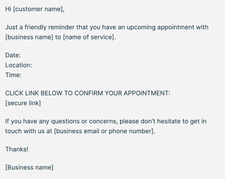 Template example of an appointment reminder email