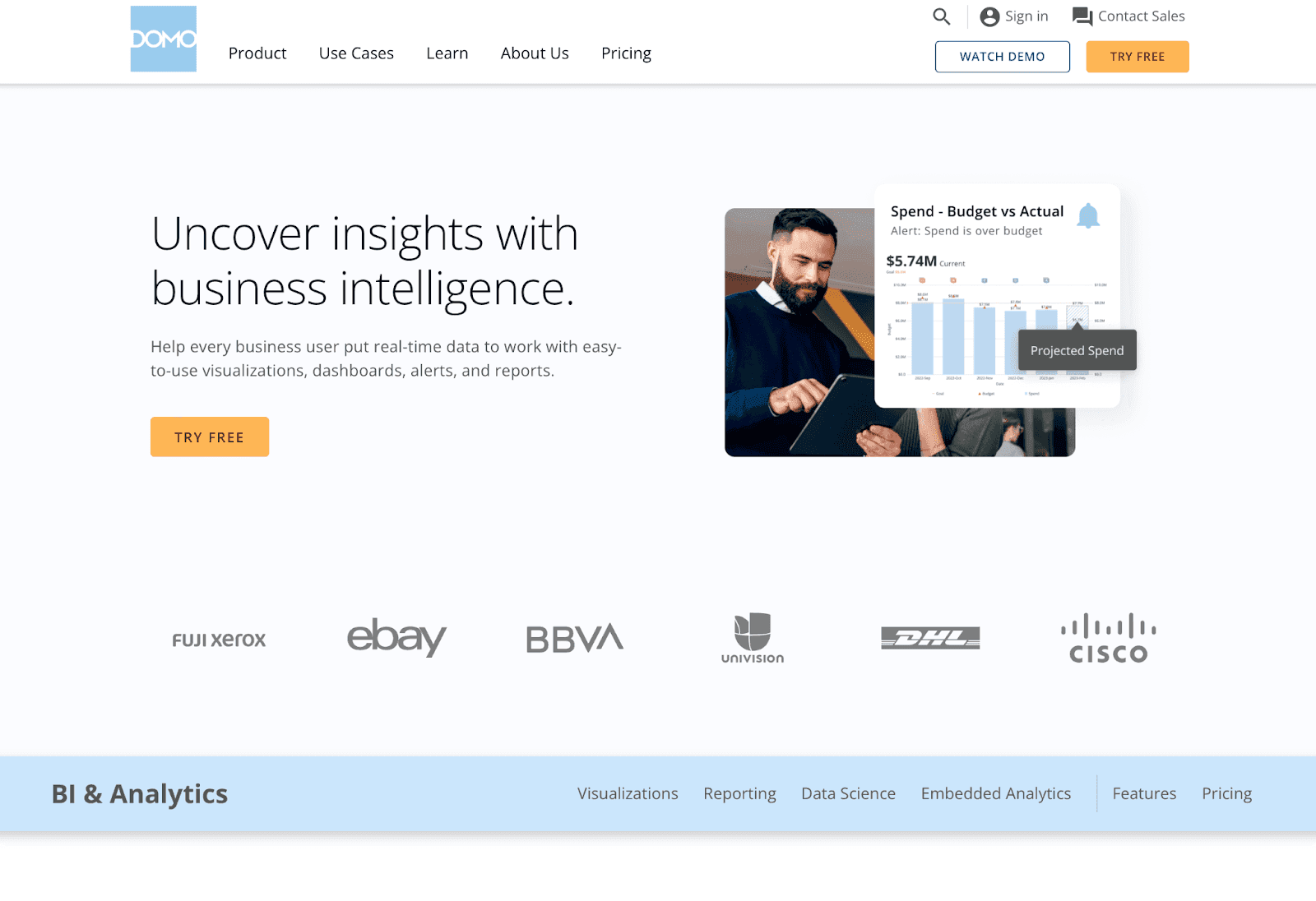 Domo website - uncover insights with business intelligence
