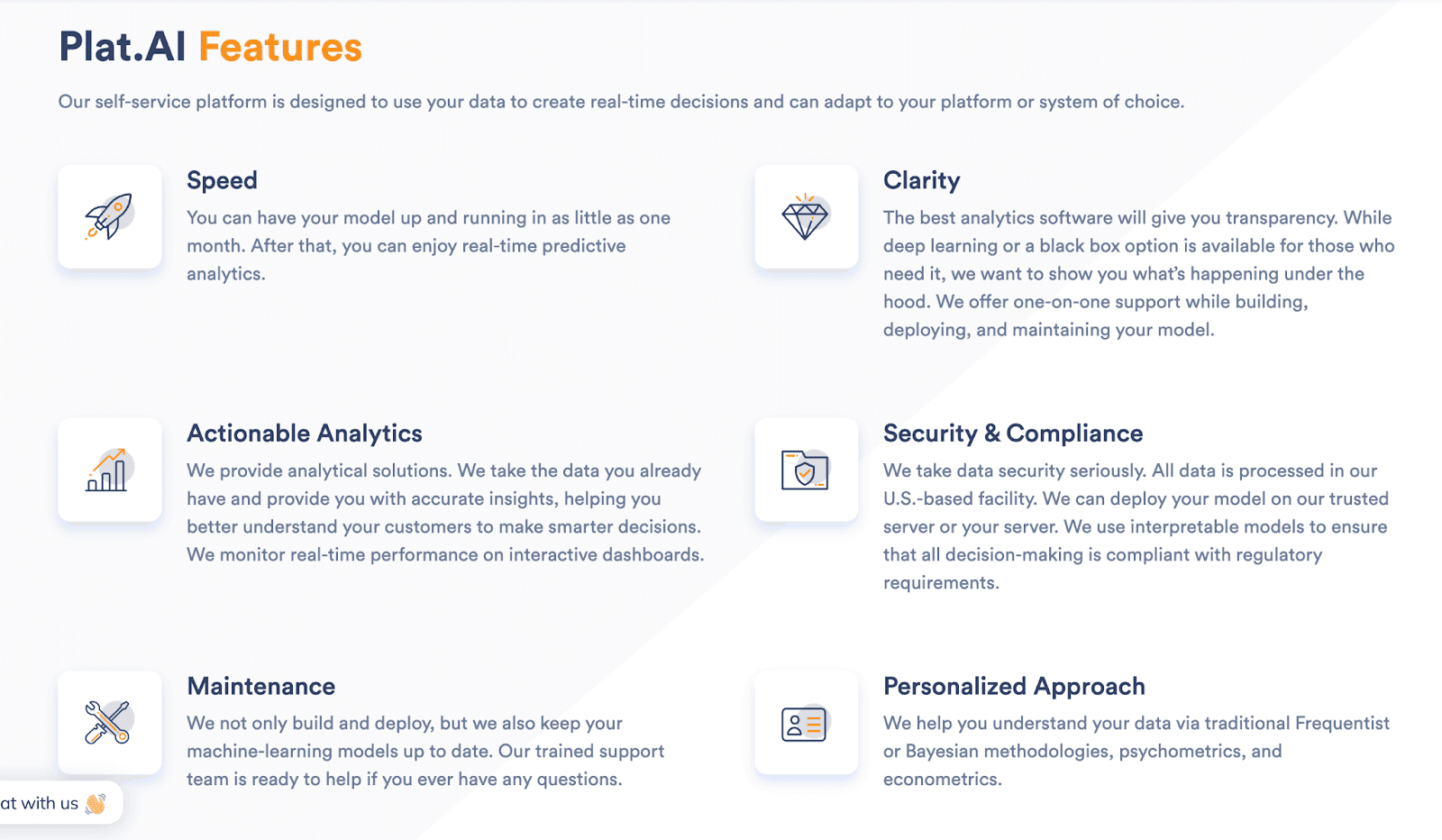 Plan.AI features - Speed, Clarity, Actionable Analytics, Security & Compliance, Maintenance, Personalized Approach