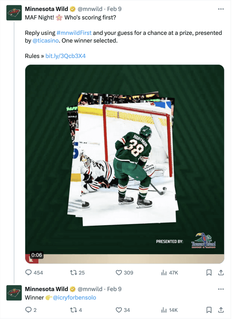 Minnesota Wild Twitter contest with winner replied