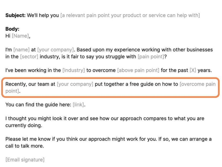 Cold email template highlighting the value of the product