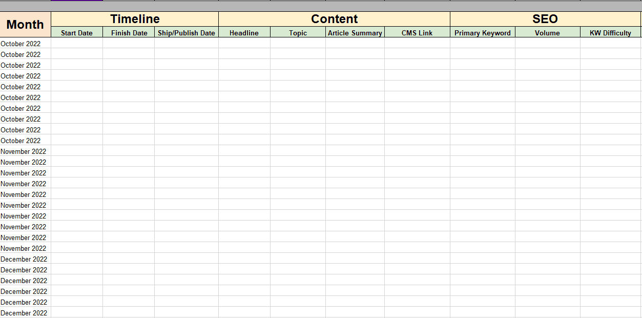 Advanced spreadsheet with timeline, content, and SEO tabs