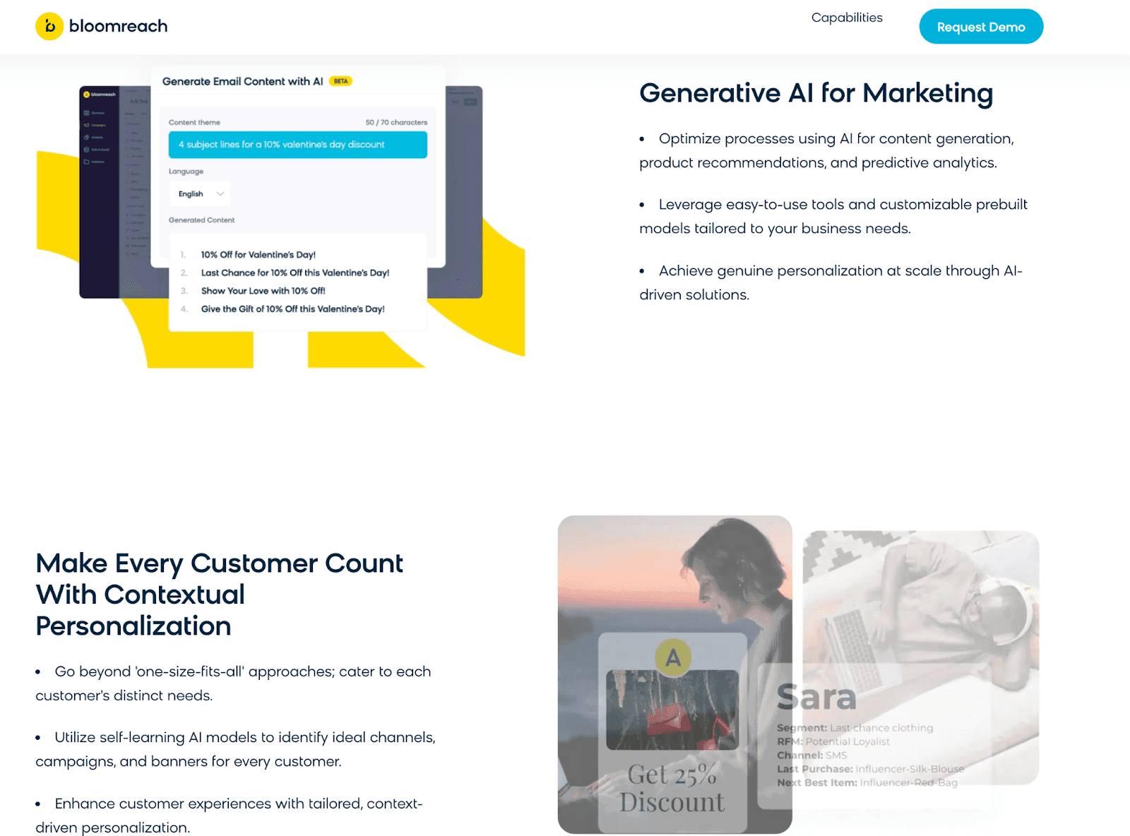 Bloomreach AI website - Generative AI for marketing - Make every customer count with contextual personalization